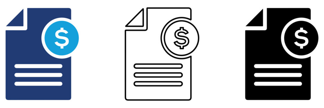 Multicolor Financial Document Icon Set with Filled and Outline Styles for Finance Accounting Invoice Payment Business Report and Money Management Isolated on Transparent Background