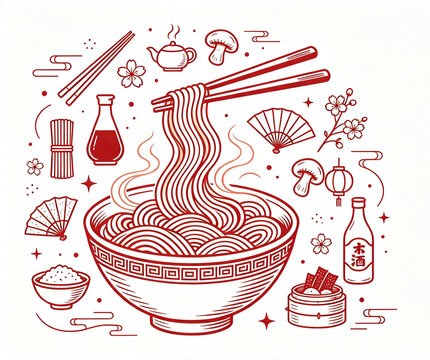 Japanese Ramen Noodle Bowl with Asian Cuisine Ingredients Line Art Vector Illustration