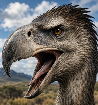 Photorealistic Close-Up of Roaring Extinct Terror Bird Head with Open Beak and Tongue, Prehistoric Apex Predator Against Blue Sky and Savanna, Realistic Paleoart
