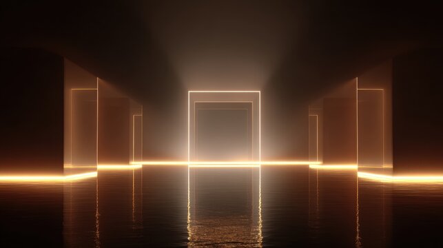 neon corridor with golden light portals, abstract sci-fi hallway with glowing lines, cinematic dark interior stage