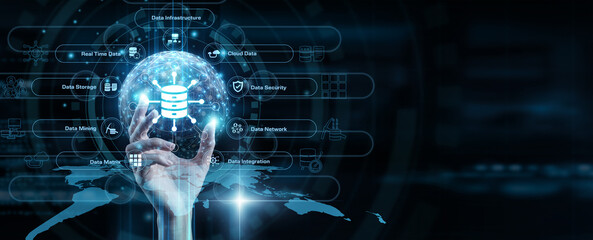 Fototapeta premium Data analysts holding hands up to process complex big data sets. This global network of information systems uncovers deep consumer insights and market trends.