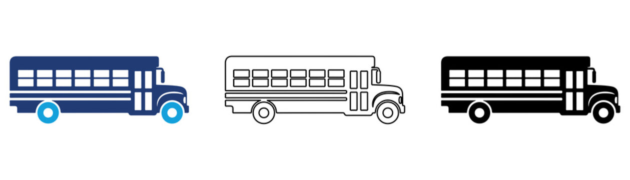 Multicolor School Bus Icon Set with Filled and Outline Styles for Student Transportation Education School Travel Campus Shuttle and Public Transit Isolated on Transparent Background