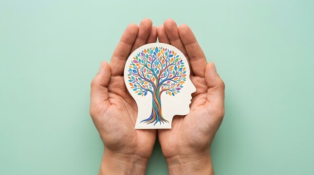 Hands holding a human head silhouette with a tree inside representing mental health and personal growth