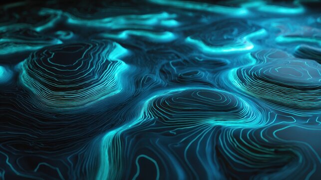 Bioluminescent topographic map with glowing blue lines, abstract 3D terrain landscape, futuristic neon data visualization background