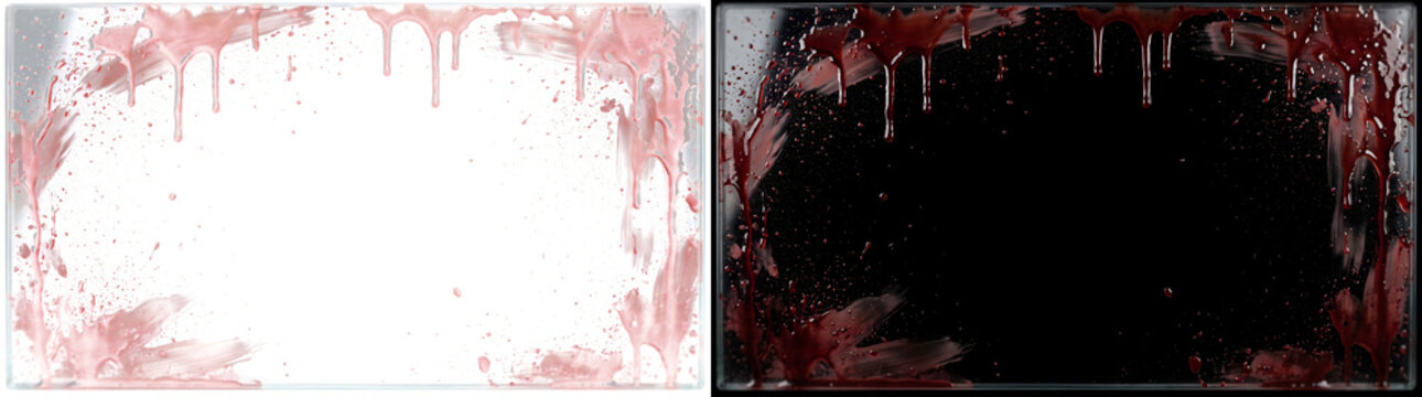 Realistic red blood drip frame border with splatter stains for horror movie poster and overlay design featuring PNG, Transparent and Black Background Versions