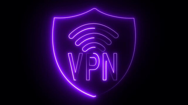 Glowing neon line Shield with VPN and wifi wireless internet network symbol icon isolated on black background. VPN protect safety concept. 4K Video motion graphic animation.