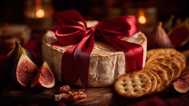 Festive cheese wheel wrapped in red ribbon served with fresh figs and crackers.