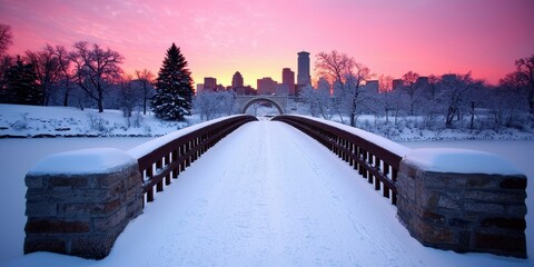 Fototapeta premium Peaceful winter sunset illuminating a snow blanketed bridge with a city skyline in the distance