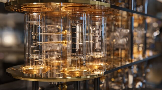 Quantum computer hardware with gold and glass components, futuristic supercomputer processor, advanced laboratory technology