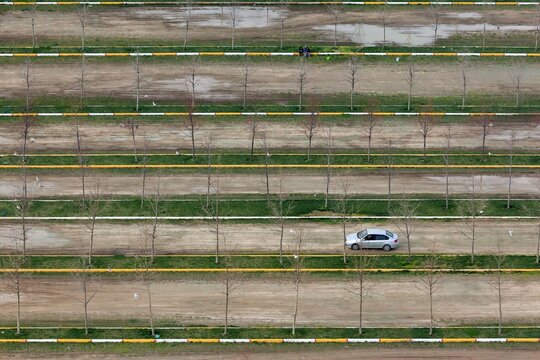 Aerial view of a structured parking area with rows of bare trees, green grass strips, and a single silver car parked in Istanbul, Turkey.