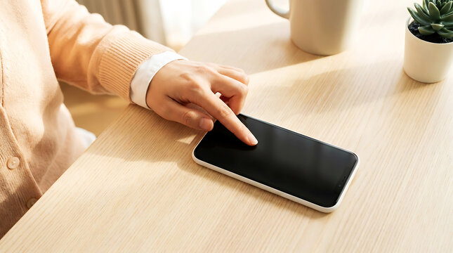 Hands holding smartphone on white bedspread screen