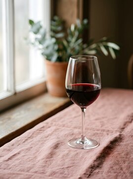 Glass of red wine on a burgundy background, minimal still life