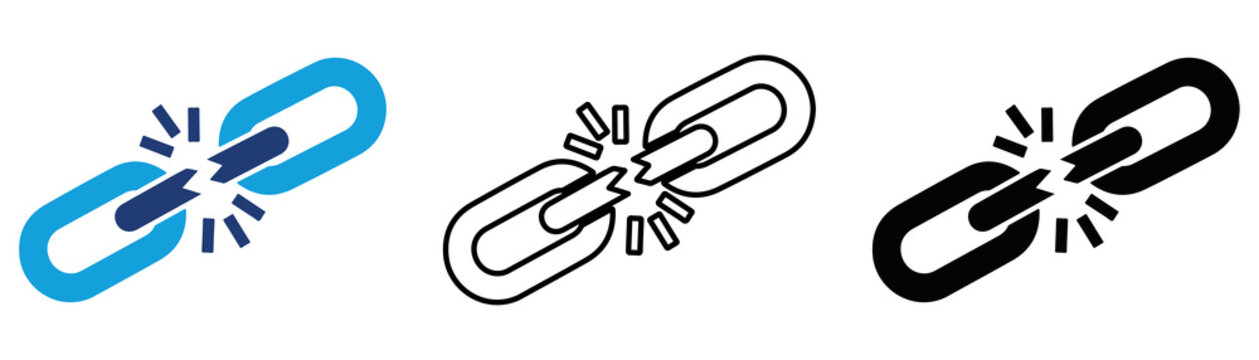 Multicolor Broken Chain Icon Set with Filled and Outline Styles for Disconnected Link Unlink Connection Break Security and Network Management Isolated on Transparent Background