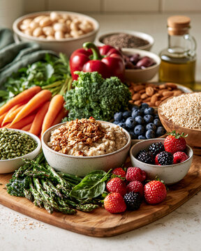 Selection of low glycemic foods supporting blood sugar stability and healthy nutrition for diabetes management.