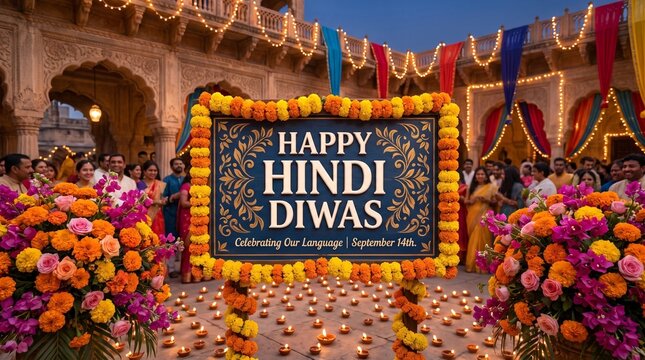 Hindi Diwas, Hindi Diwas celebratory poster with artistic festive accents.