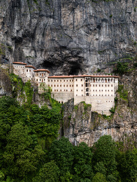 Front view aerial drone shot of Sumela Monastery in Trabzon 