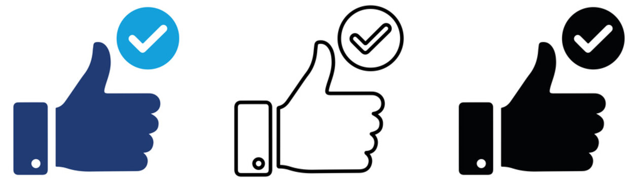 Multicolor Thumbs Up Check Icon Set with Filled and Outline Styles for Approval Verified Like Positive Feedback Success Recommendation and User Validation Isolated on Transparent Background
