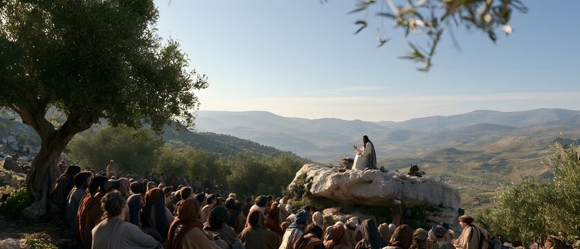 Jesus preaching to a gathering of followers on a hillside overlooking a valley, biblical scene