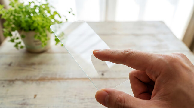 Hands holding smartphone screen protector, close-up