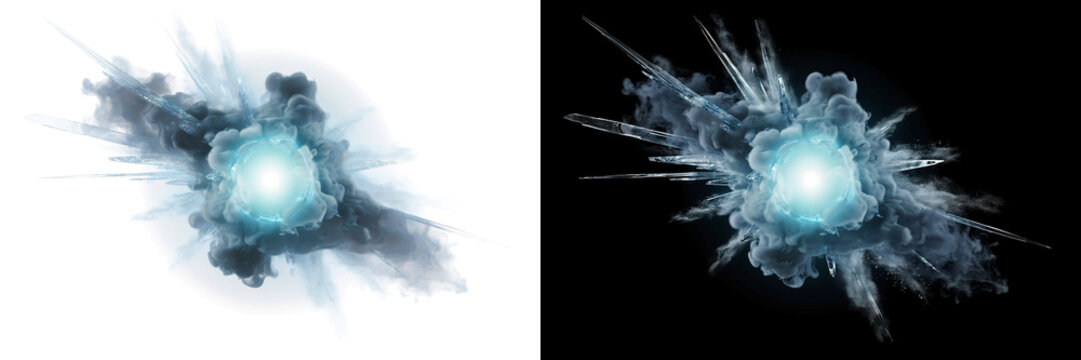 Icy crystal explosion with blue smoke and glowing core, on transparent background