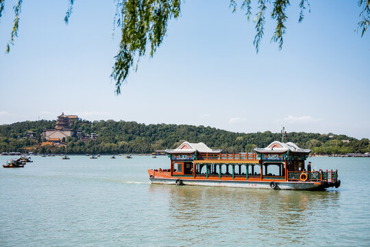 Boat travels on water at Summer Palace in Beijing during daytime