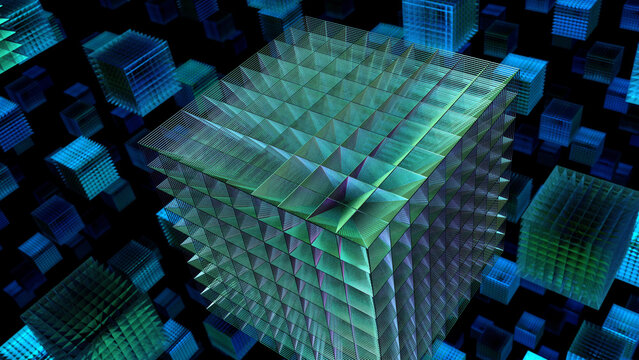 Luminous geometric cubes forming an abstract architectural landscape.