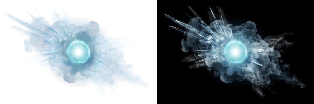 Wide icy energy burst with crystal shards and smoke, on transparent background