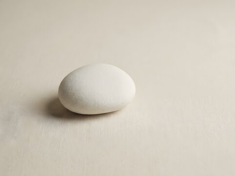 Single smooth white stone on cream surface, minimalist simplicity concept
