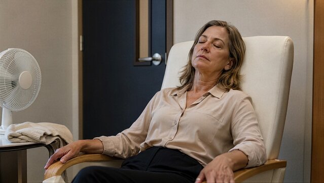 Professional woman rests with eyes closed during scheduled workplace break, showing menopause fatigue, sleep disruption and need for restorative support at work today daily.