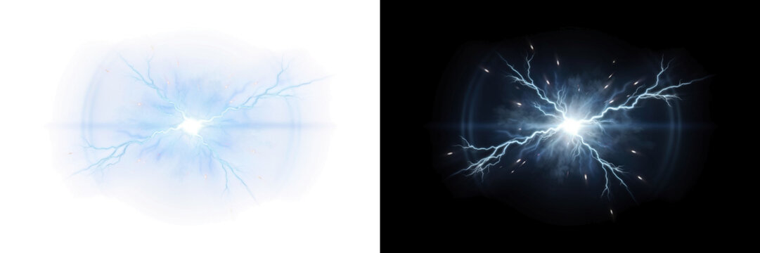 Blue lightning energy burst with smoke and radiant halo, on transparent background