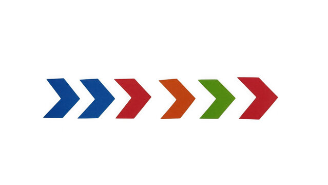 Set of colorful chevron arrows pointing right in a row for business presentation isolated on transparent background