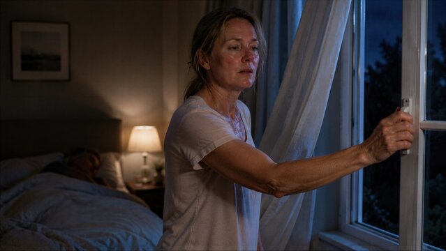 Mature woman opens bedroom window after waking from night sweat, creating clear menopause sleep concept focused on fresh air, cooling and repeated nighttime disruption at home.