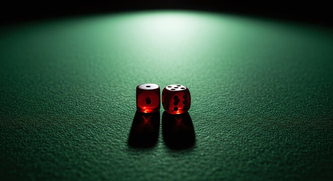 Pair of red translucent dice sitting on green gaming table felt