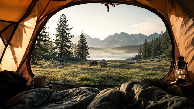Scenic Mountain Lake View from Camping Tent View from inside a cozy camping tent overlooking pine forest, peaceful mountain lake and rugged peaks in warm morning light