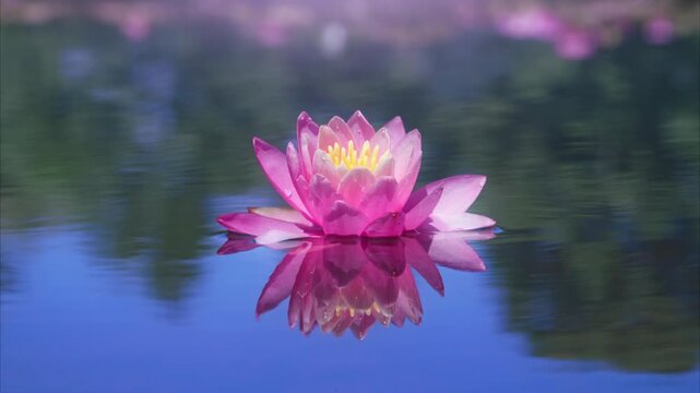Pink water lily or lotus flower reflected on the water surface of a pond. Shallow depth of field. Blur background