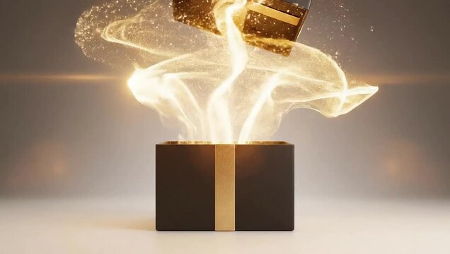 Golden Surprise: A dark gift box unleashes a dazzling explosion of golden light and shimmering particles, creating an aura of magic and wonder.