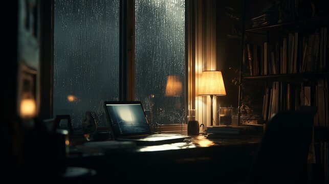 Dark moody home study at night with laptop, warm lamp and rain streaming down the window