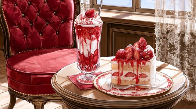 Strawberry parfait and shortcake slice in a retro cafe with red velvet chair and lace curtains