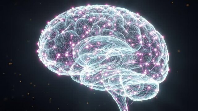3D Brain Hologram Visualization, Glowing Pink Neural Network, Black Background, 3D Medical Animation