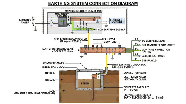 Technical diagram showing an electrical earthing system connection