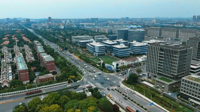 Forward Drone Flight Over Sijing Business District