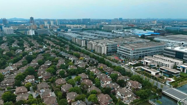 Forward Aerial View of Residential and Industrial Areas in Songjiang