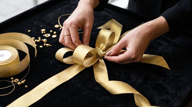 Hands tying a beautiful golden ribbon bow, perfect for gift wrapping and celebration decorations