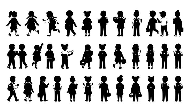 Large School Student Back View Collection Flat Cartoon Children with Backpacks Vector Set Isolated on White