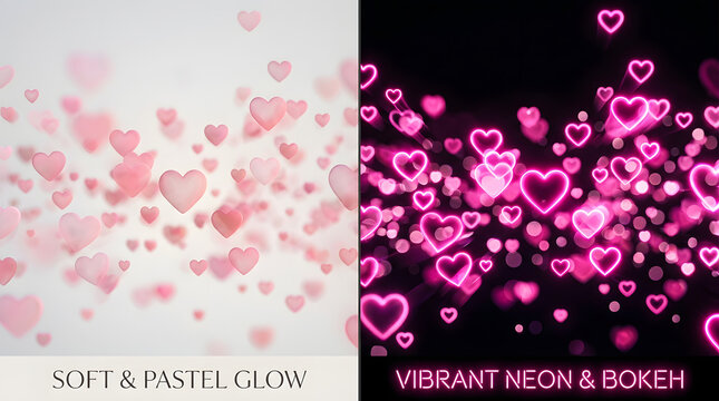 Hearts in Soft Glow and Vibrant Neon: A split-screen composition showcases hearts in two distinct styles. The left side features soft, pastel-hued hearts with a gentle glow on a light background.