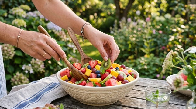 Hands preparing a vibrant and colorful fruit salad in a garden setting. The salad is a mix of berries, melon, mango, grapes, and kiwi, with two wooden salad servers gently tossing the ingredients.
