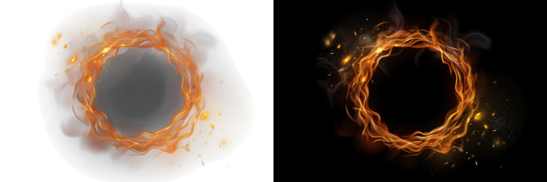 Asymmetrical fire circle with golden sparks and smoke, on transparent background
