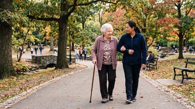 A kind caregiver assists an elderly woman walking with a cane through a park during autumn. The trees show colorful fall foliage, and other people are visible in the background, enjoying the park