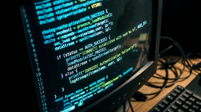 Code on Monitor: A computer screen displaying lines of code, symbolizing programming, software development, and technology.
