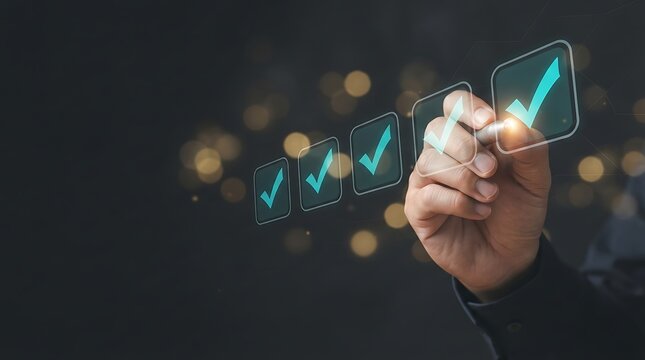 Business person checking boxes on a digital screen interface